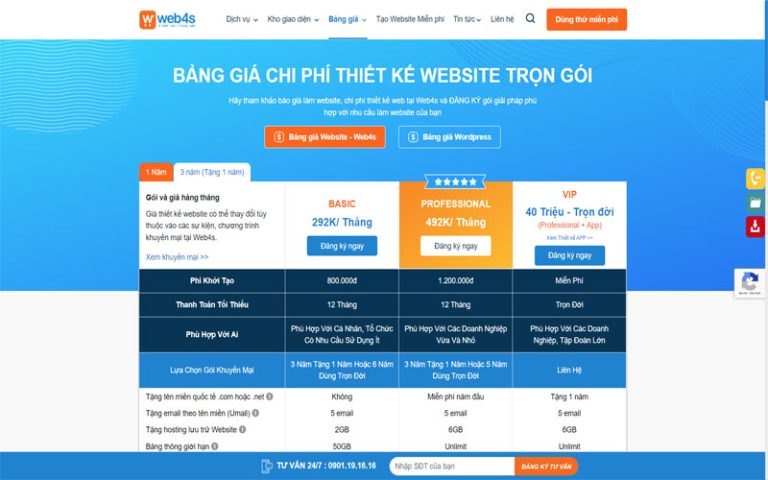 Bảng giá thiết kế website trọn gói [GIÁ RẺ] tại Web4s