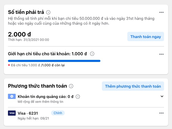 Các ngưỡng thanh toán tiền quảng cáo trong Facebook Ads